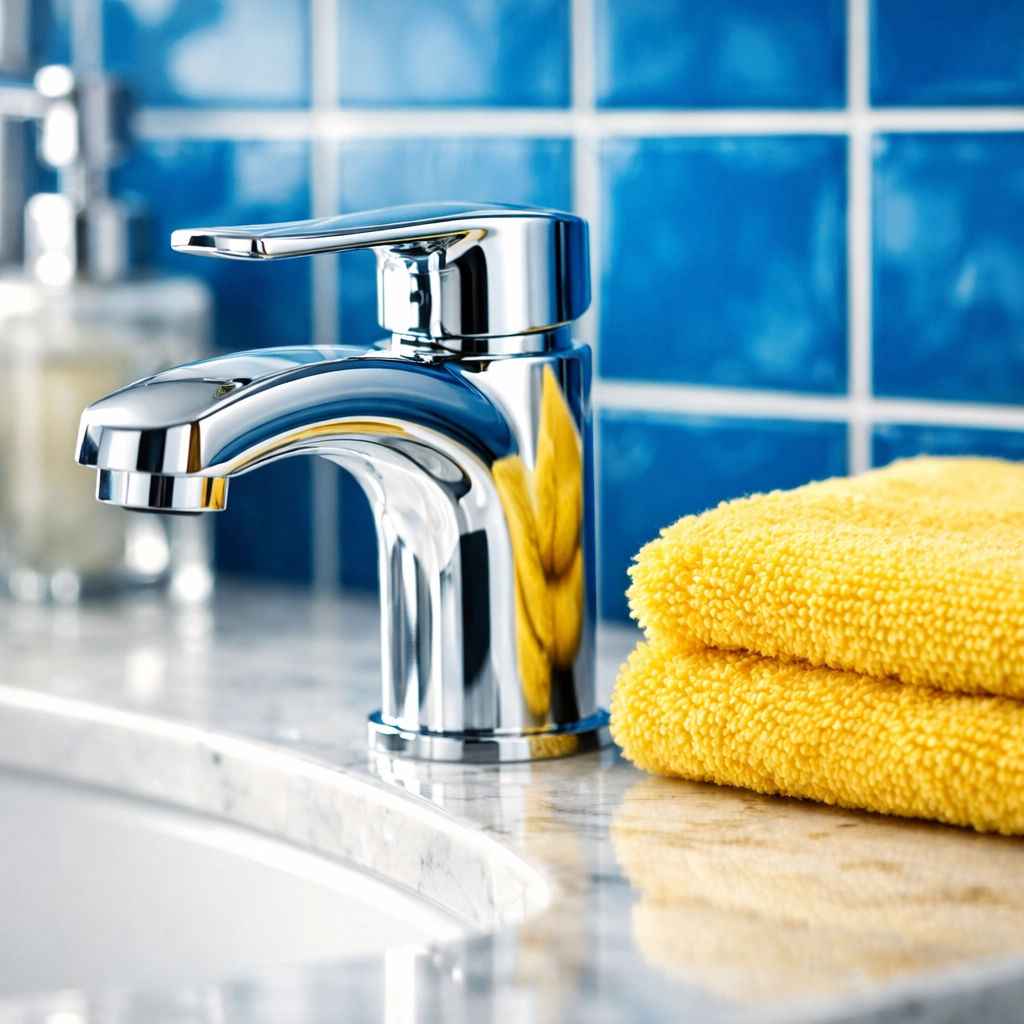Sparkling chrome faucet and marble bathroom vanity after professional house cleaning.