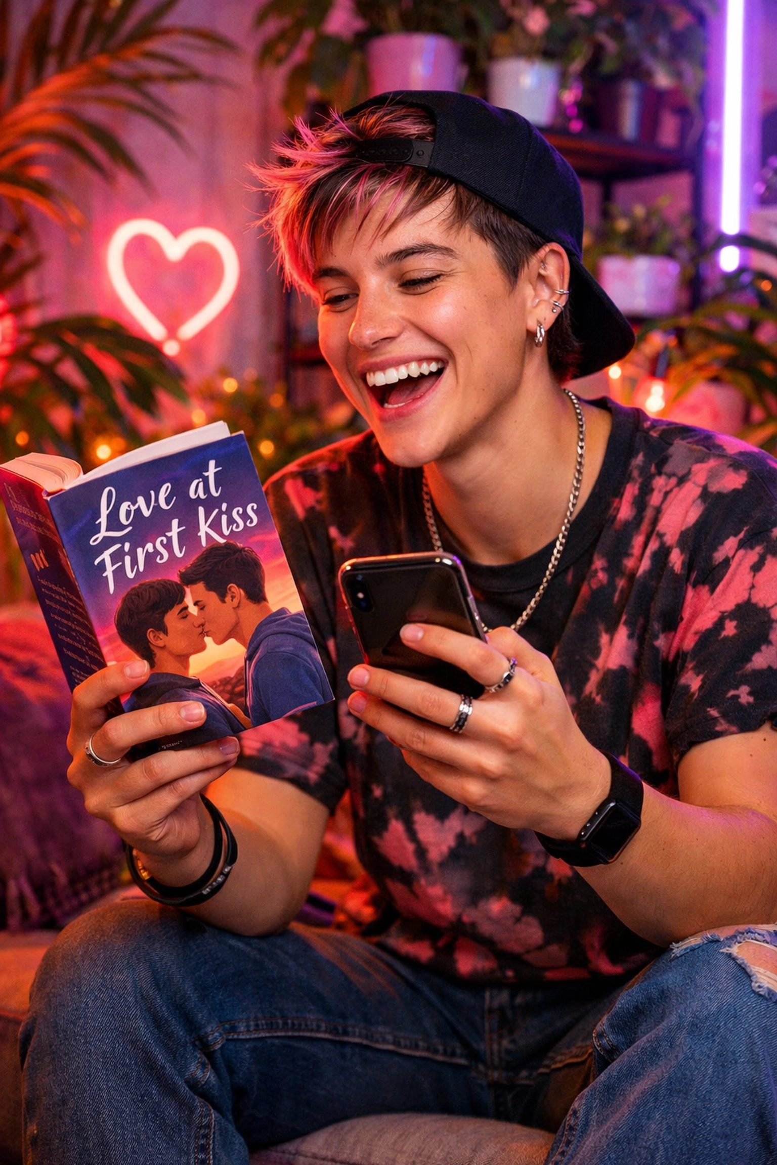 A joyful reader engaging with the gay book community online while holding a popular MM romance novel.