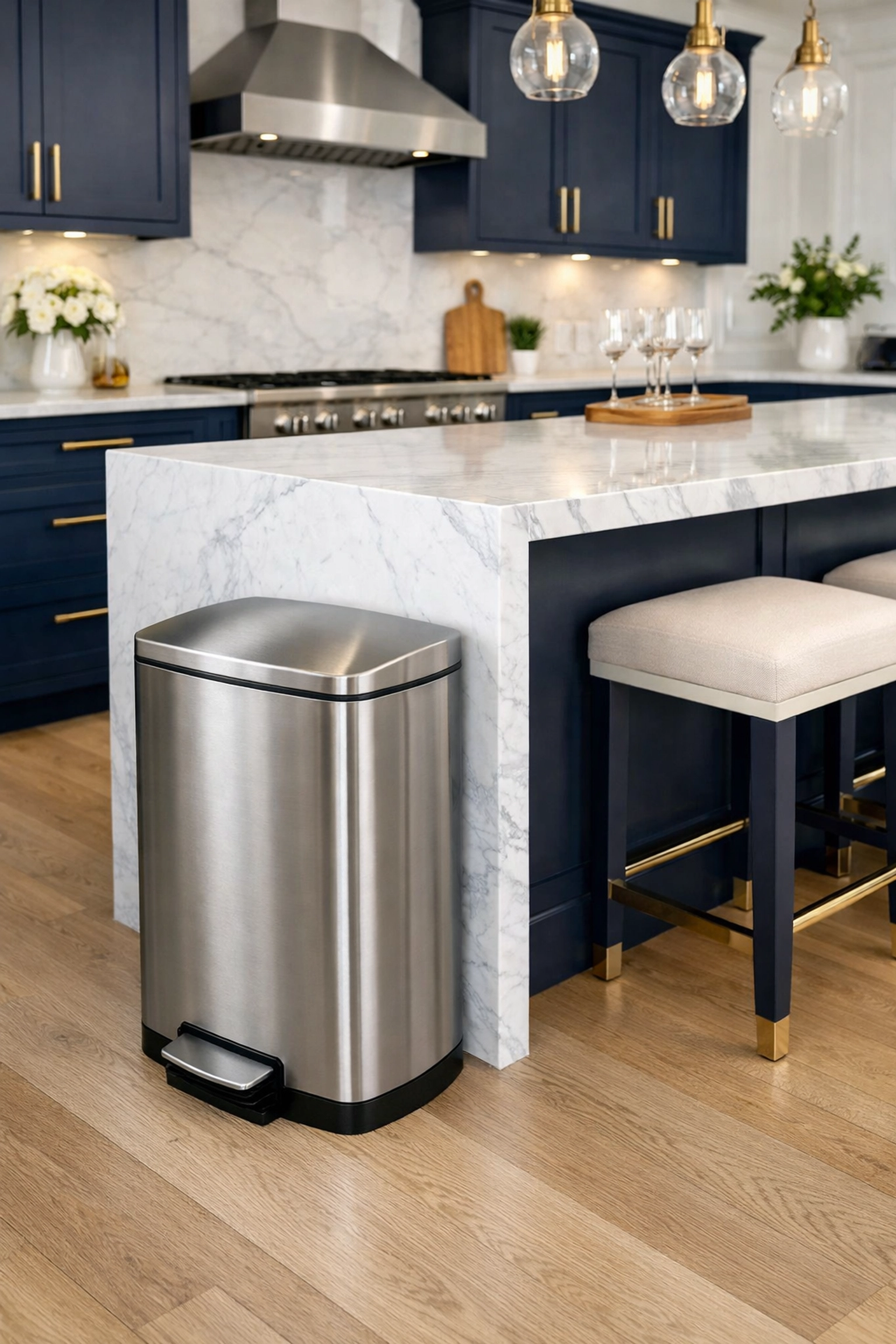 A clean stainless steel trash can in a modern kitchen, essential for bi weekly house cleaning.