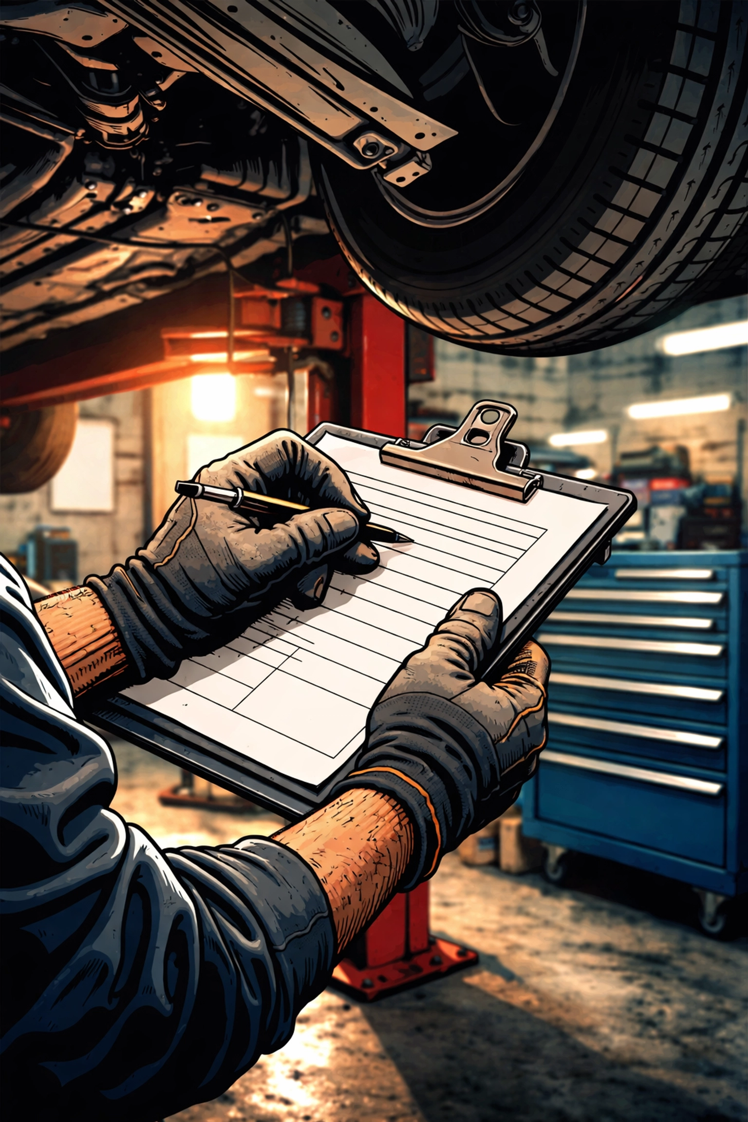 Mechanic inspecting a raised car in an auto shop, highlighting Missouri safety inspection process.