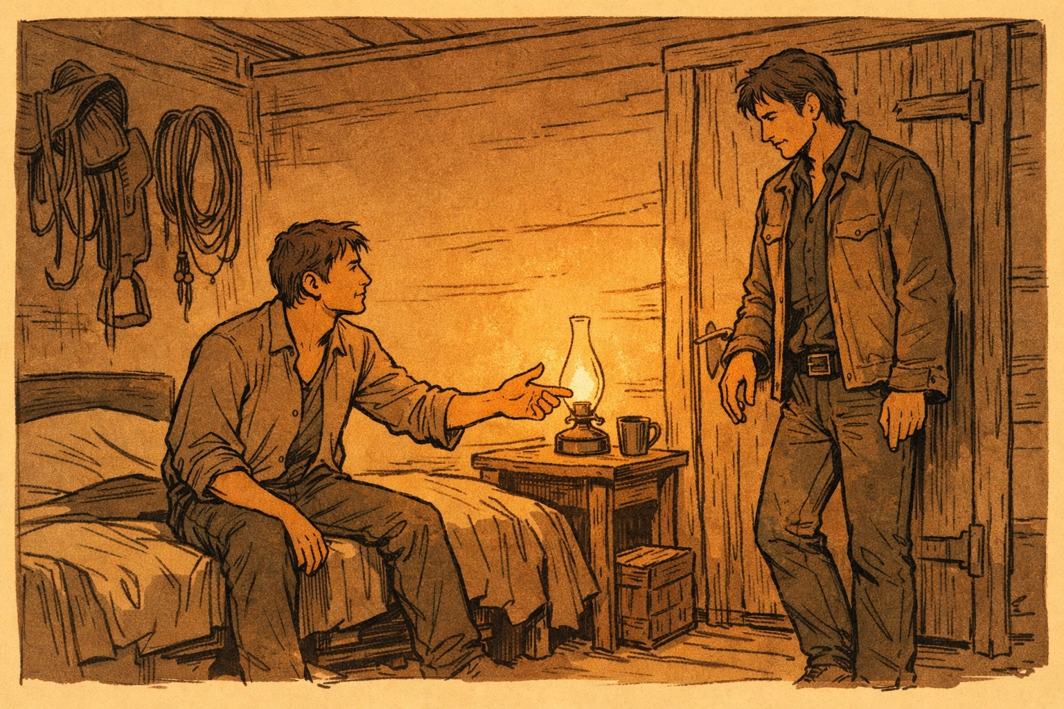 Two men in rustic ranch cabin showing emotional tension in forbidden cowboy love story