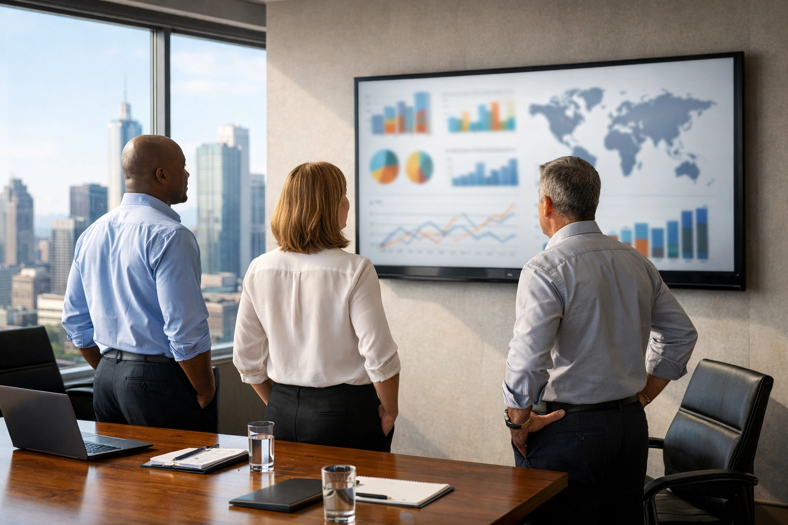 Executives collaborating on a global brand partnership strategy and cross-industry media integration.