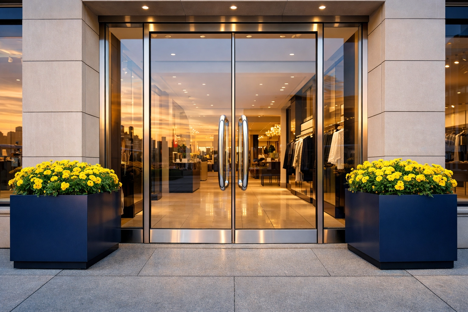 Inviting small business storefront with spotless glass doors and a clean sidewalk for a great first impression.
