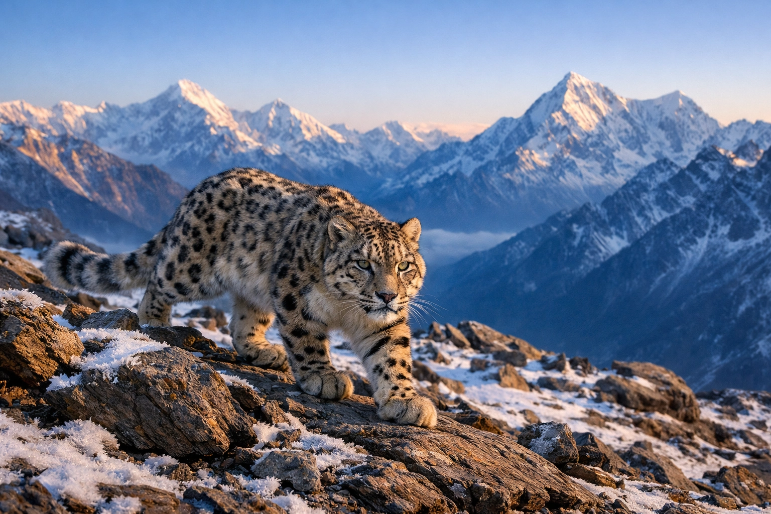 Snow Leopard on a mountain ridge, representing resilience and the use of animal stock photography for brand traits.
