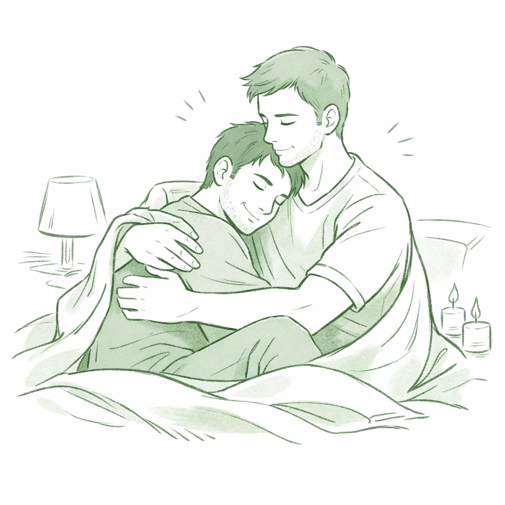MM couple embracing in safe space demonstrating emotional healing and comfort in gay romance
