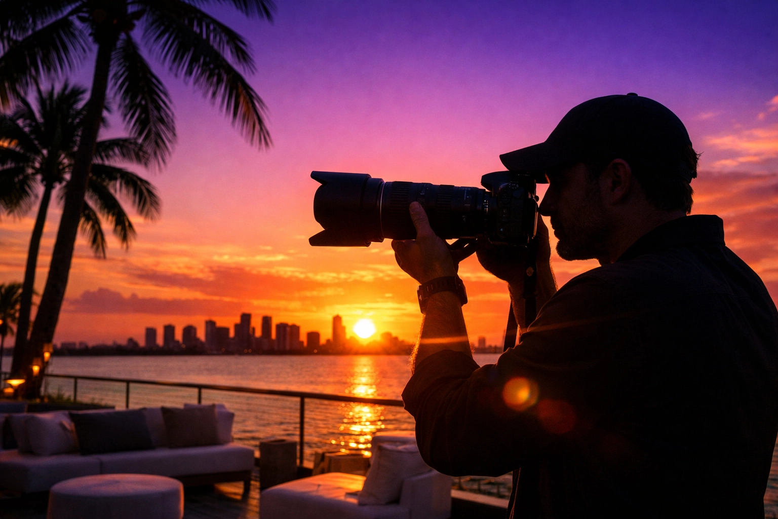 Miami event photographer with high-end camera at a luxury sunset waterfront venue.