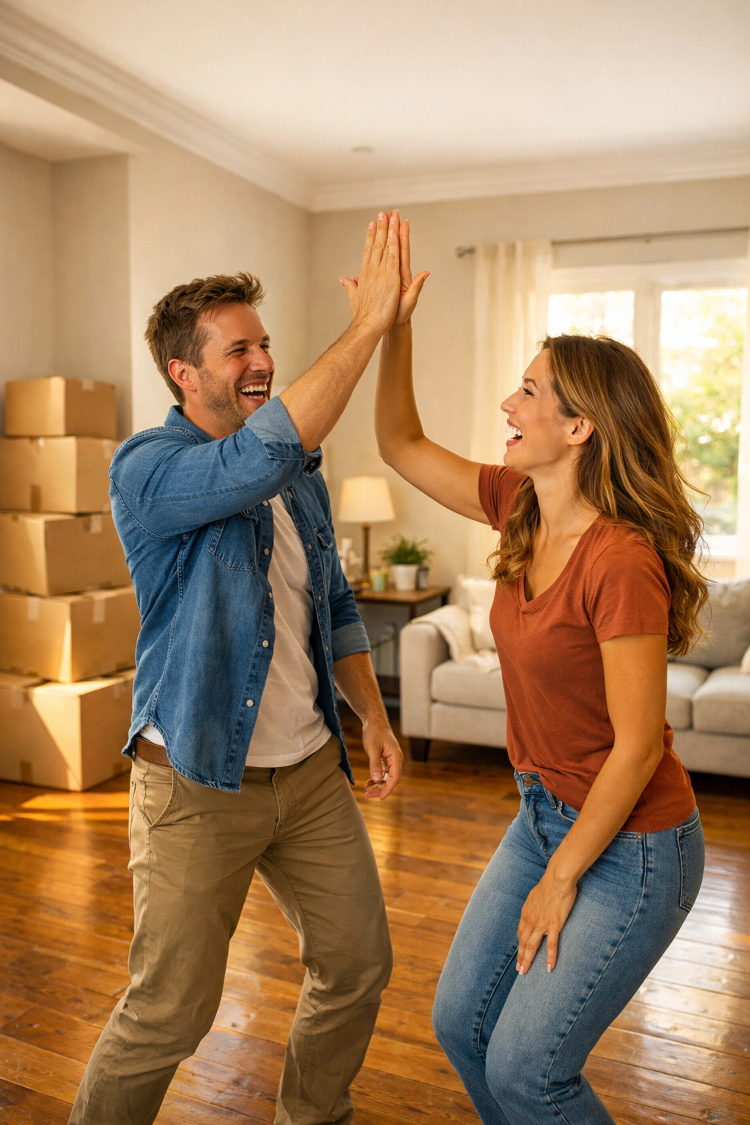 Excited homeowners high-fiving in a sunlit Triad living room after a successful home purchase.