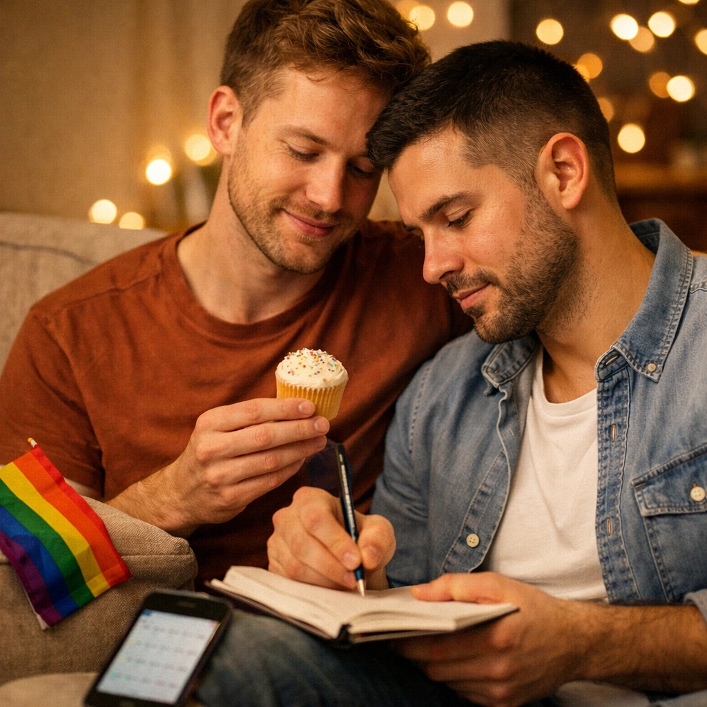 A gay couple celebrating life milestones together at home with a rainbow cupcake and a notebook.