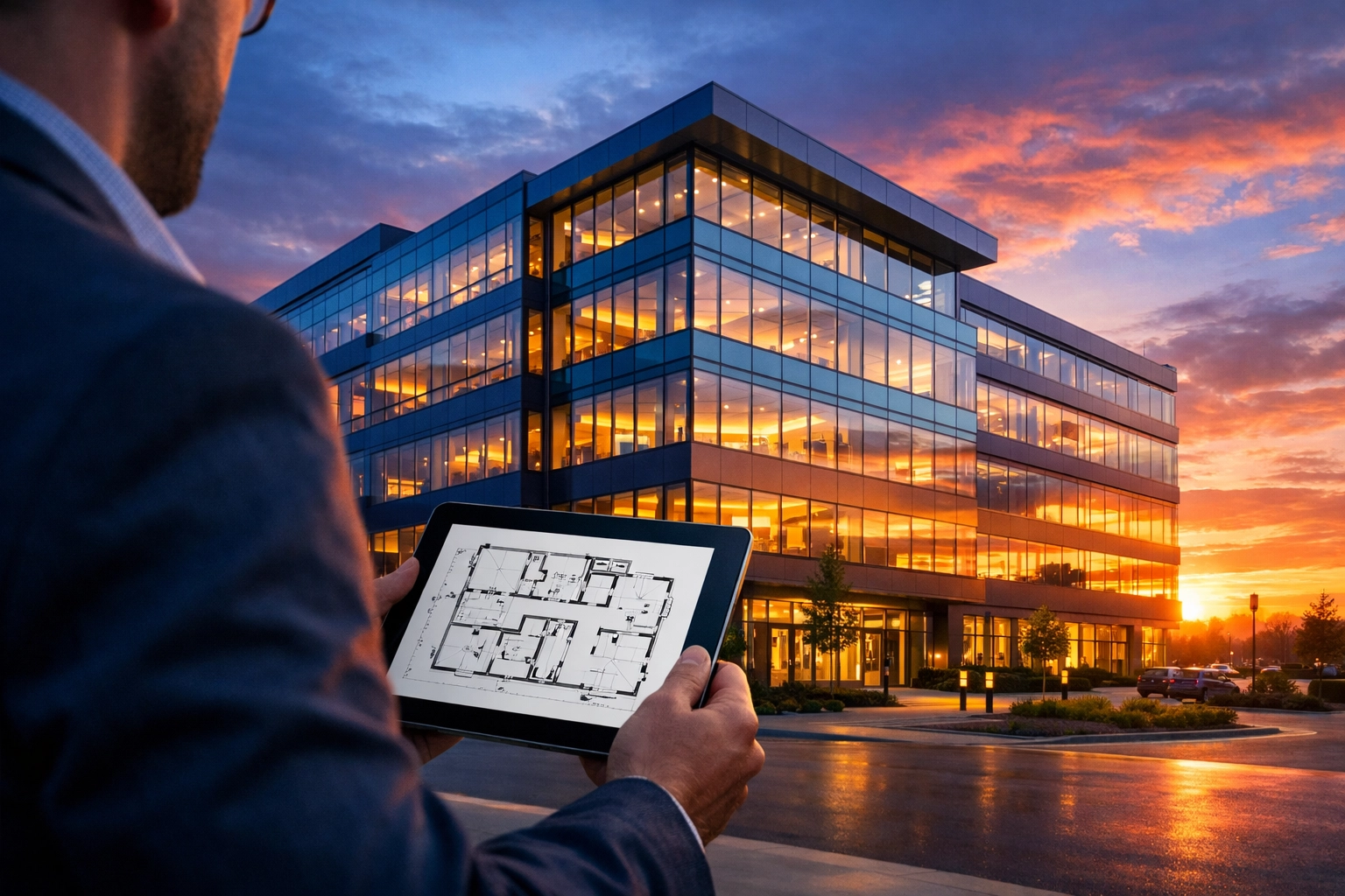 Modern glass commercial building at sunset with an investor reviewing floor plans for development finance.