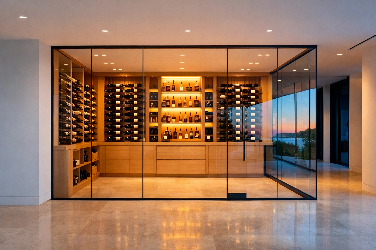 Luxury glass-walled wine cellar in a modern Connecticut home requiring specialized insurance coverage.