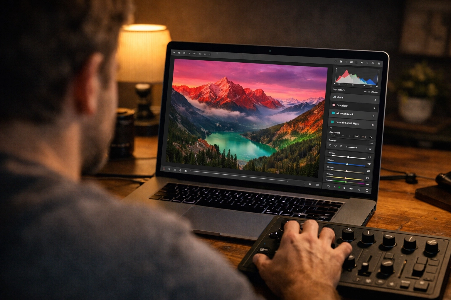 Photographer using AI photo editing software on a laptop, a trend in latest photography news.
