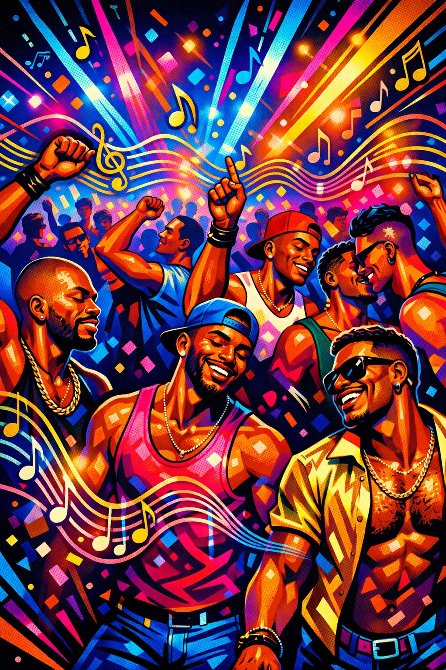 Black and Latino gay men dancing on house music dance floor in NYC club