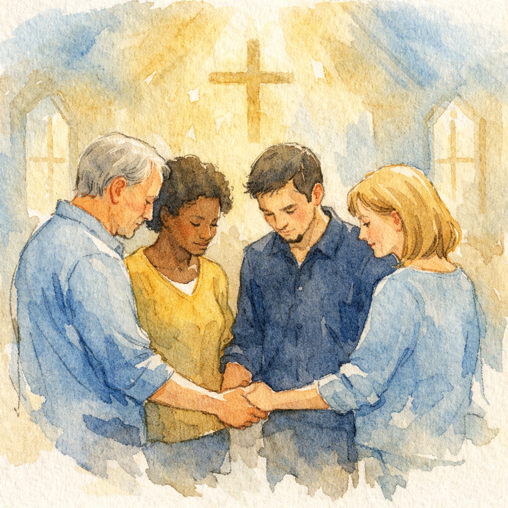 Church community holding hands in prayer circle demonstrating fellowship and connection