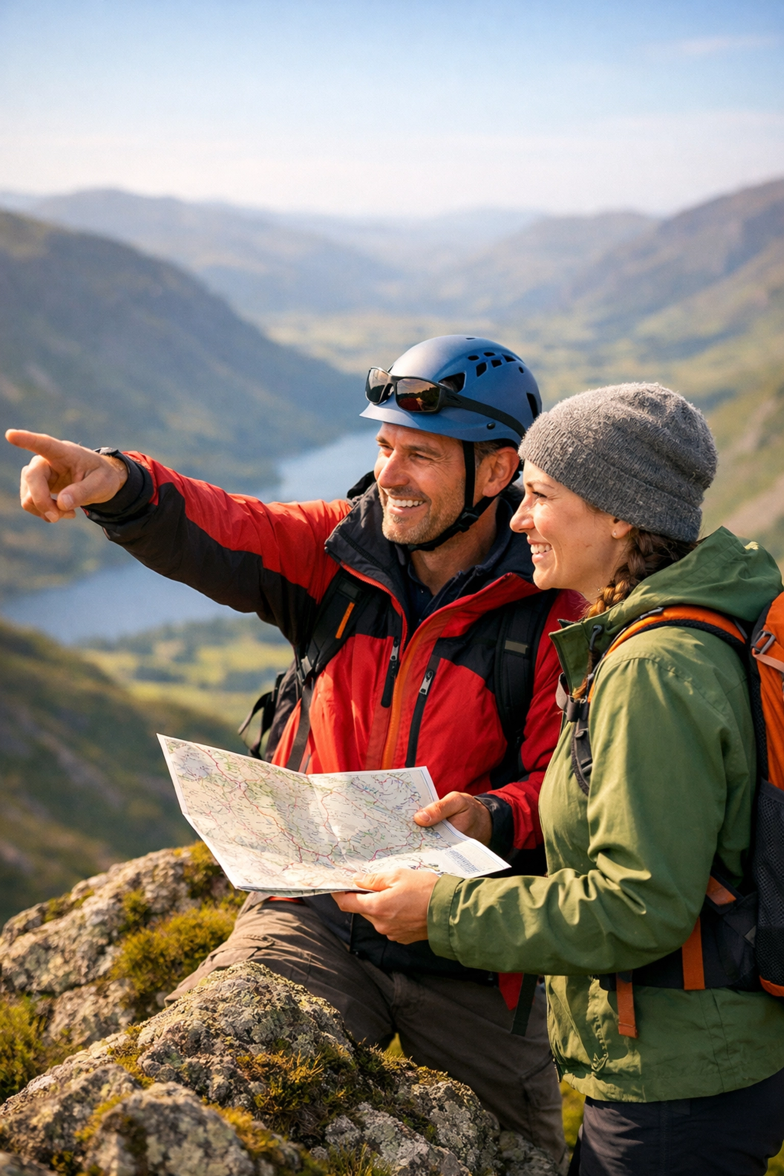 A professional mountain guide and hiker reviewing a map while overlooking a sunlit Lake District valley.