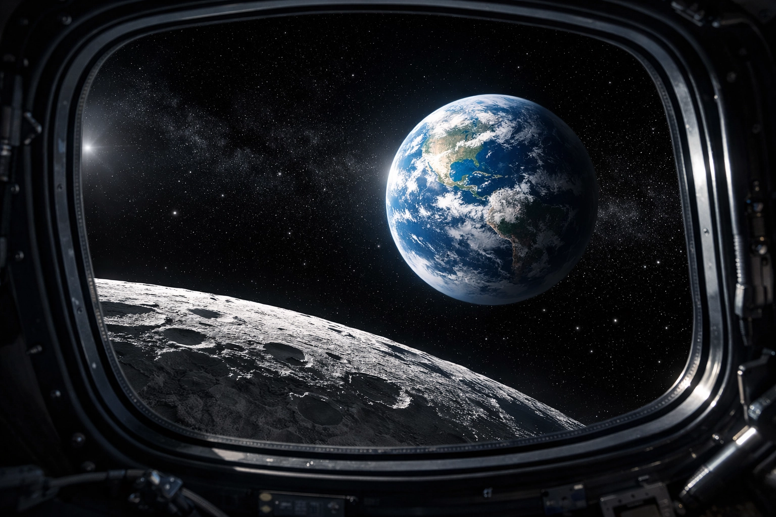 A view from a spacecraft window showing the lunar surface and Earth against the dark void of space.