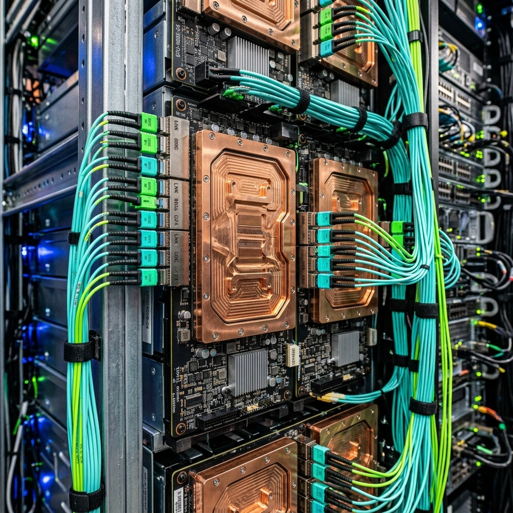 A macro, hyper-realistic shot of an AI-optimized server rack featuring Blackwell-style GPU nodes and liquid cooling.