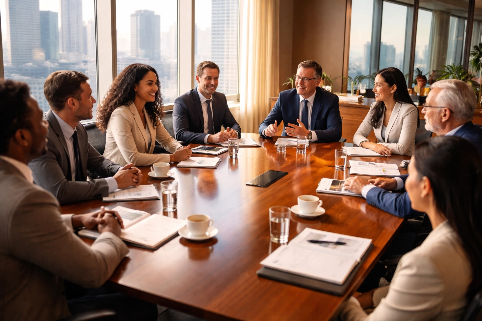 Diverse business executives discuss strategy in a boardroom, highlighting hospitality advisory board collaboration.