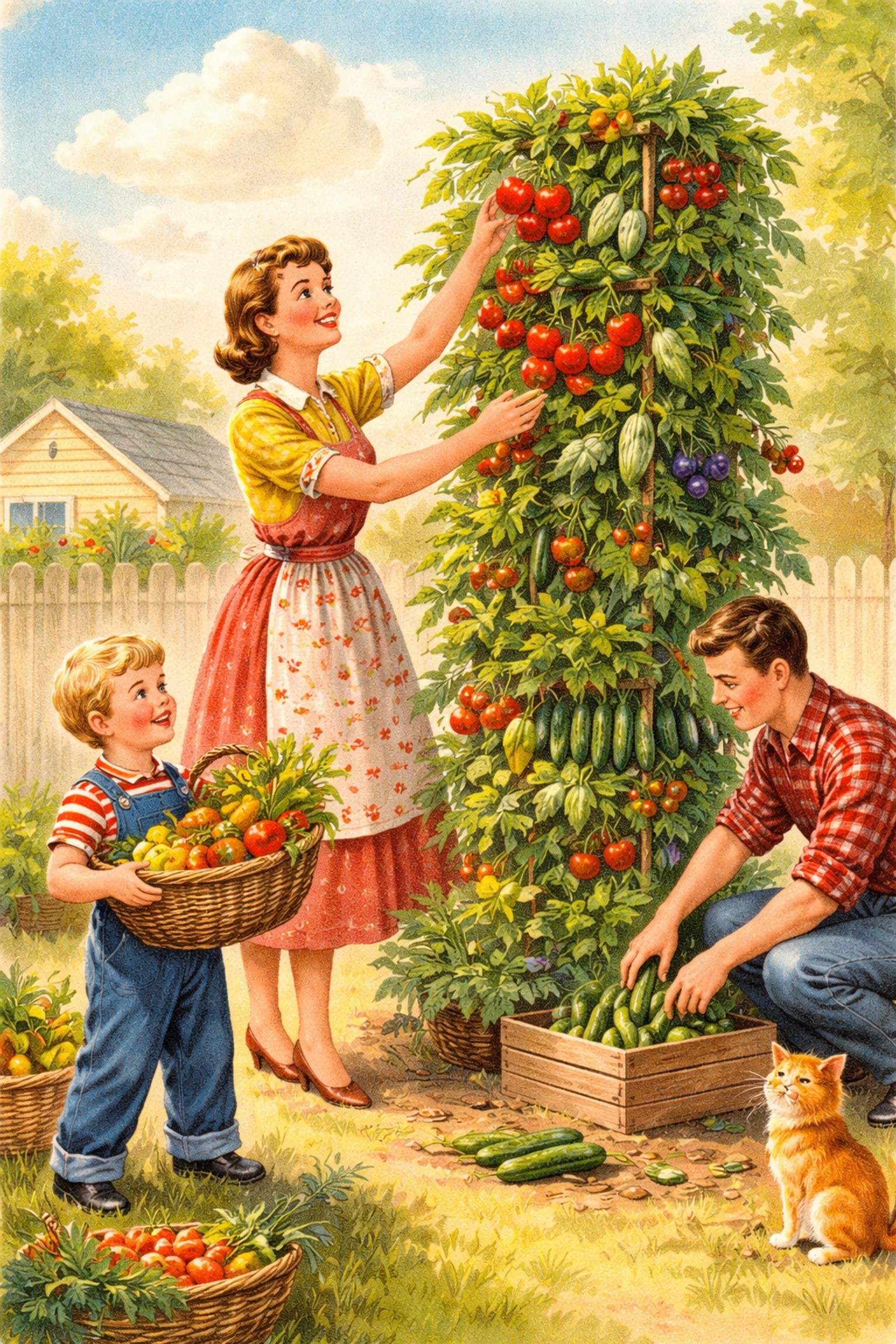 Family harvesting vegetables from a vertical garden tower in a backyard, demonstrating easy garden picking.
