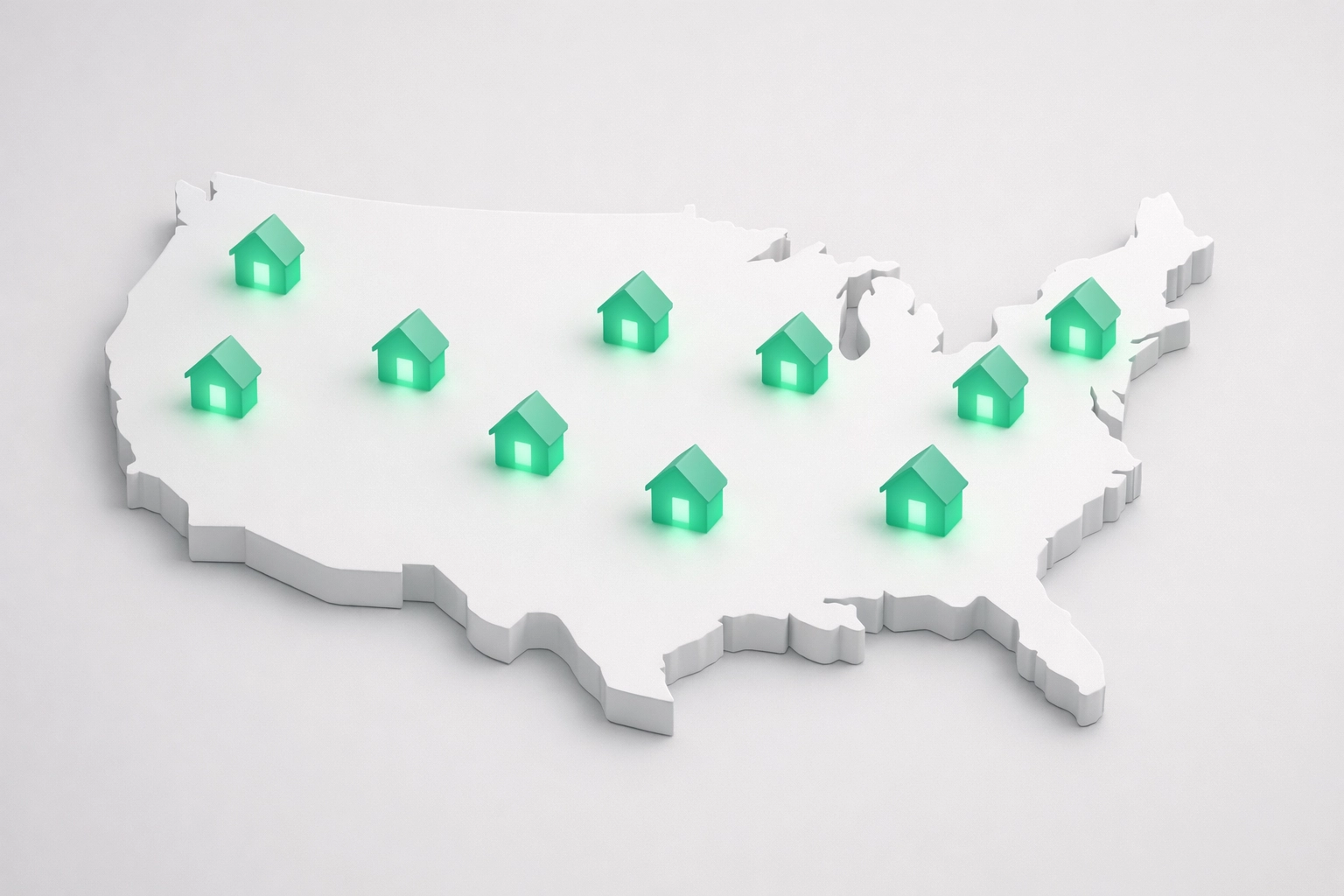 Illustration of a nationwide rental property portfolio showing real estate scaling across the United States.