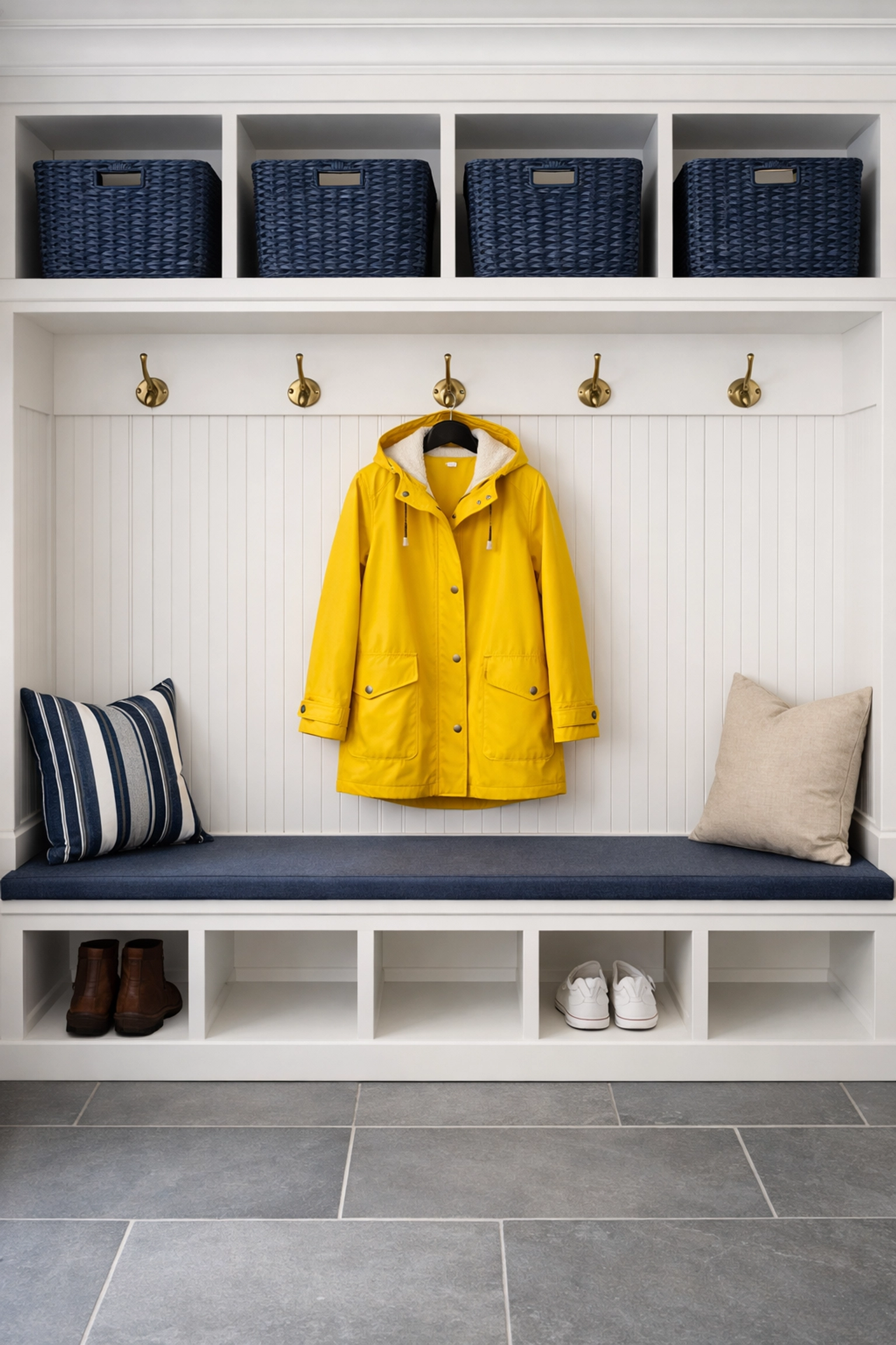 Organized mudroom with spotless slate floors reflecting expert house cleaning Wenham MA services.