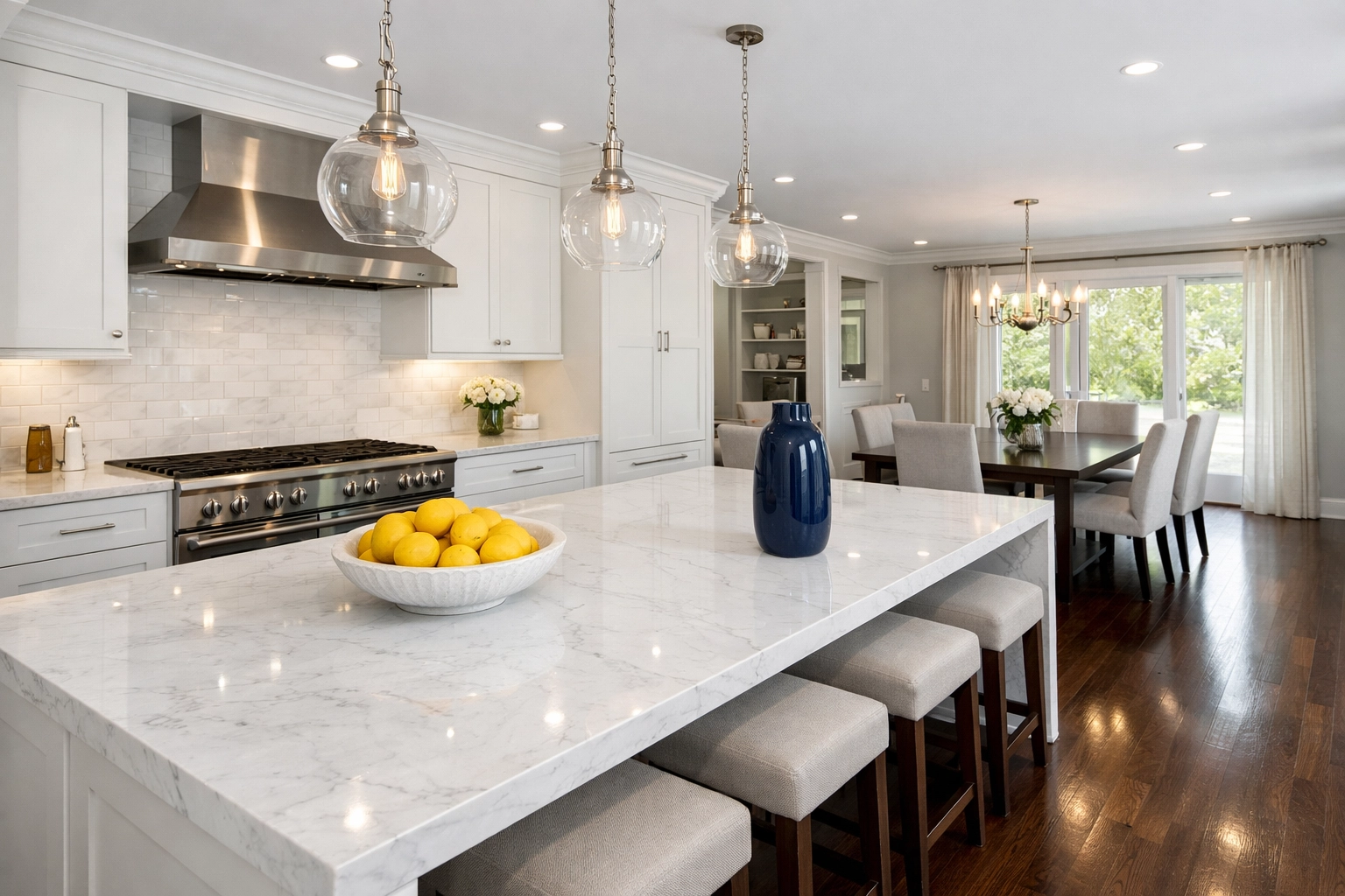 A sparkling clean Framingham kitchen with polished marble countertops after a weekly house cleaning service.