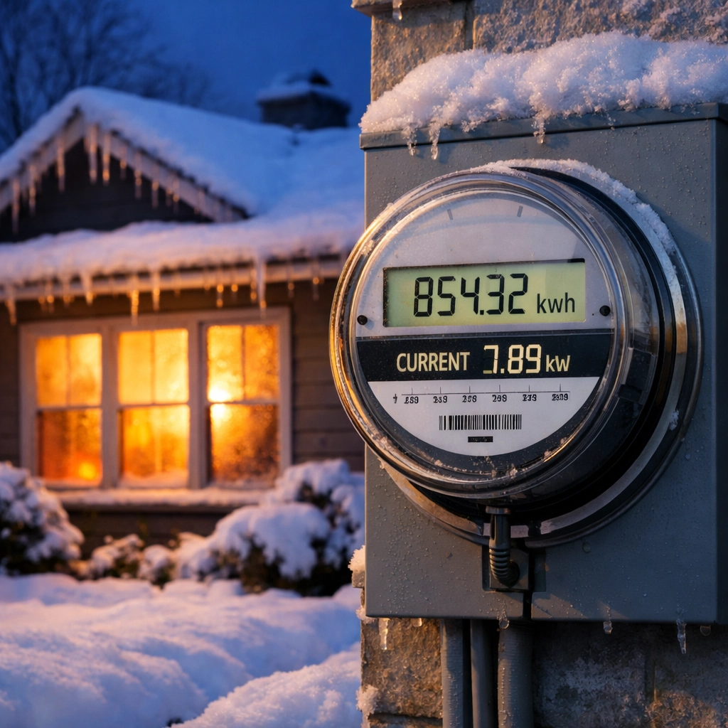 National Grid electric meter on snow-covered Hudson Valley home showing high winter usage