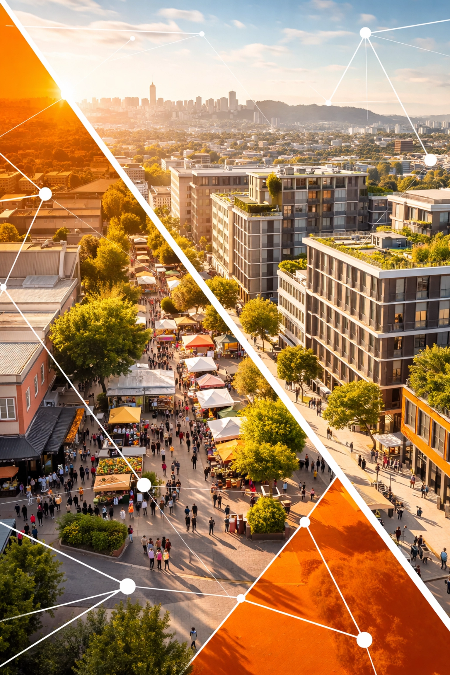 Aerial view of San Francisco Mission District blending community life and new tech buildings, illustrating community wealth building strategies