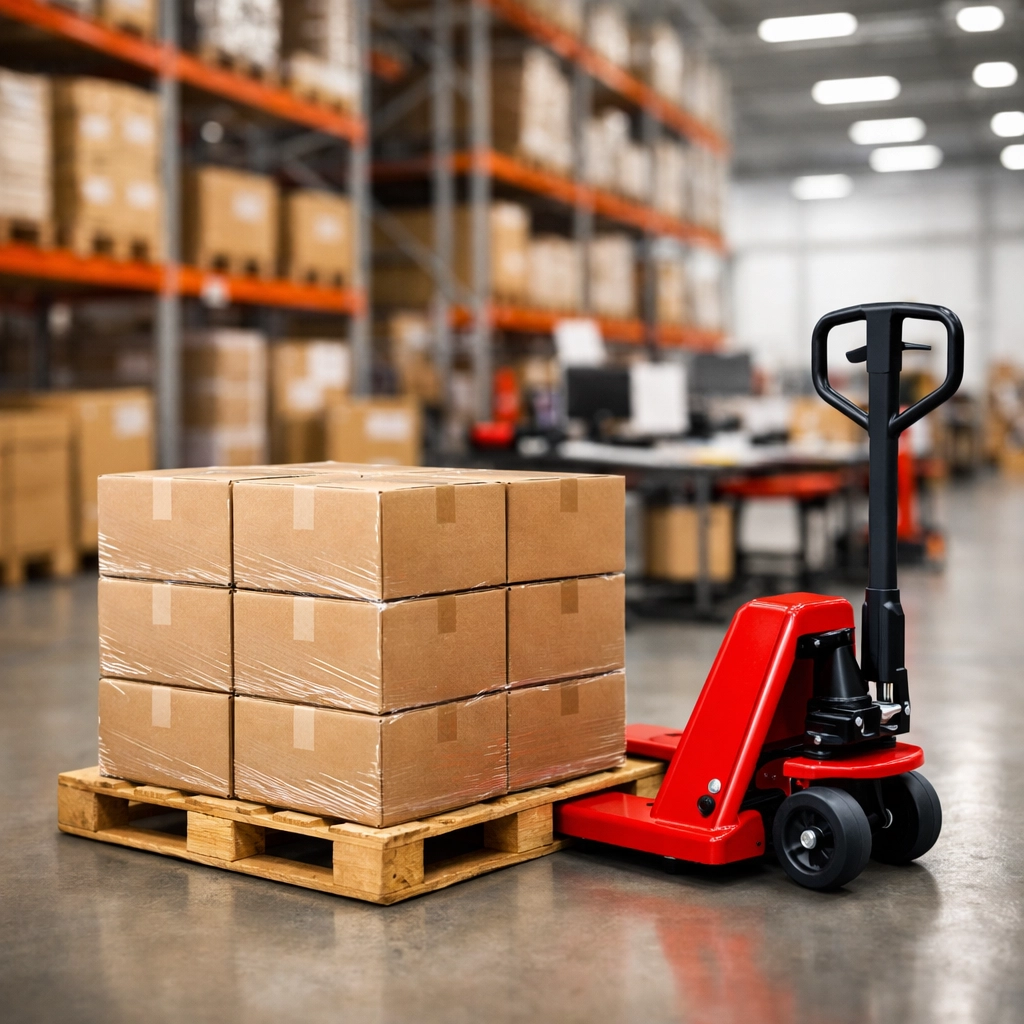 Modern warehouse and fulfilment center in Hertford showing pick and pack station with pallet jack.