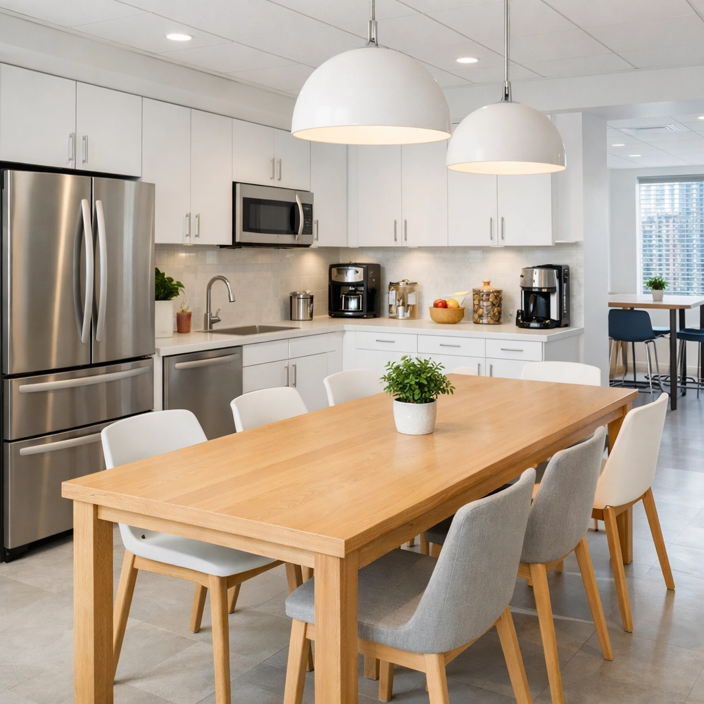 Pristine corporate breakroom and kitchen area in a professionally cleaned office.
