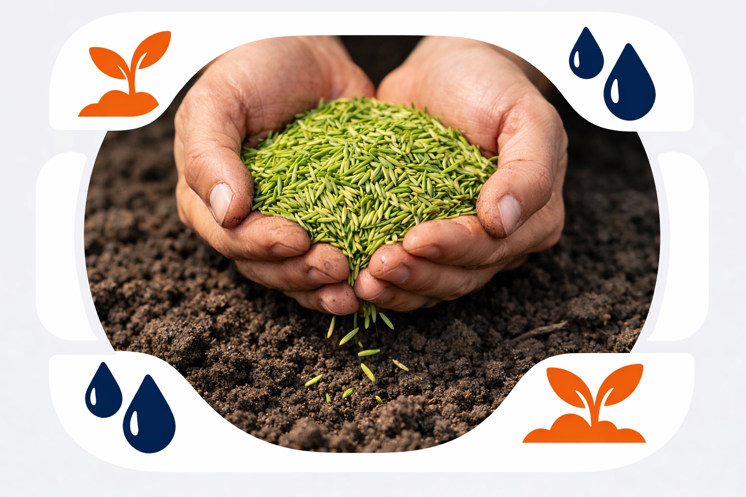 Hands holding grass seed for overseeding a lawn after using a dethatcher.