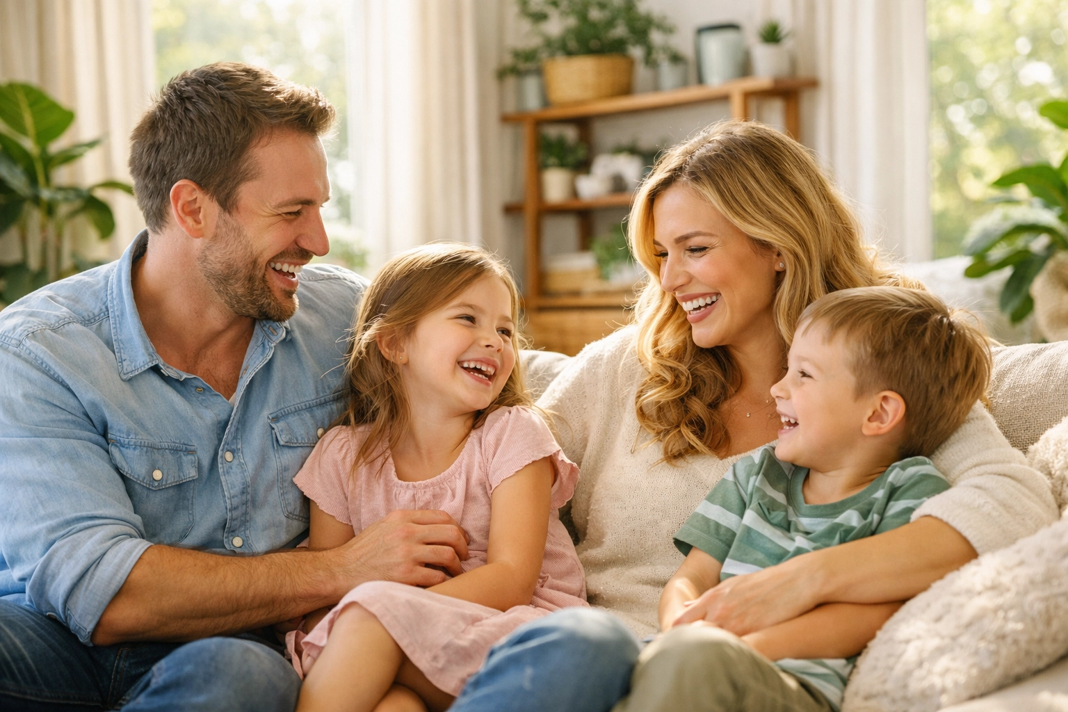Family relaxing together at home, screen-free Sabbath moment for busy parents