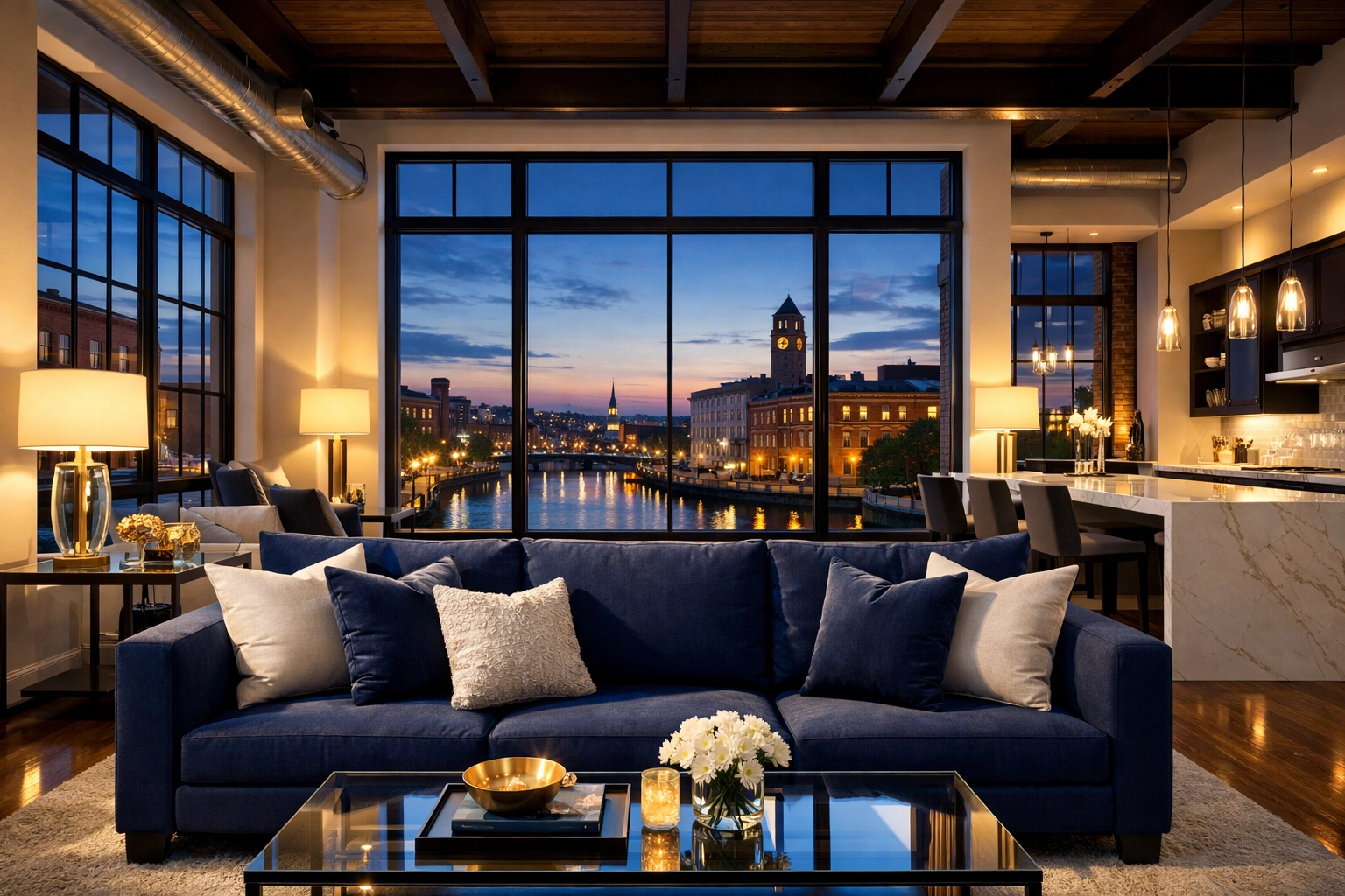 Immaculate Canal District loft living room after premium maid services Worcester for a local professional.