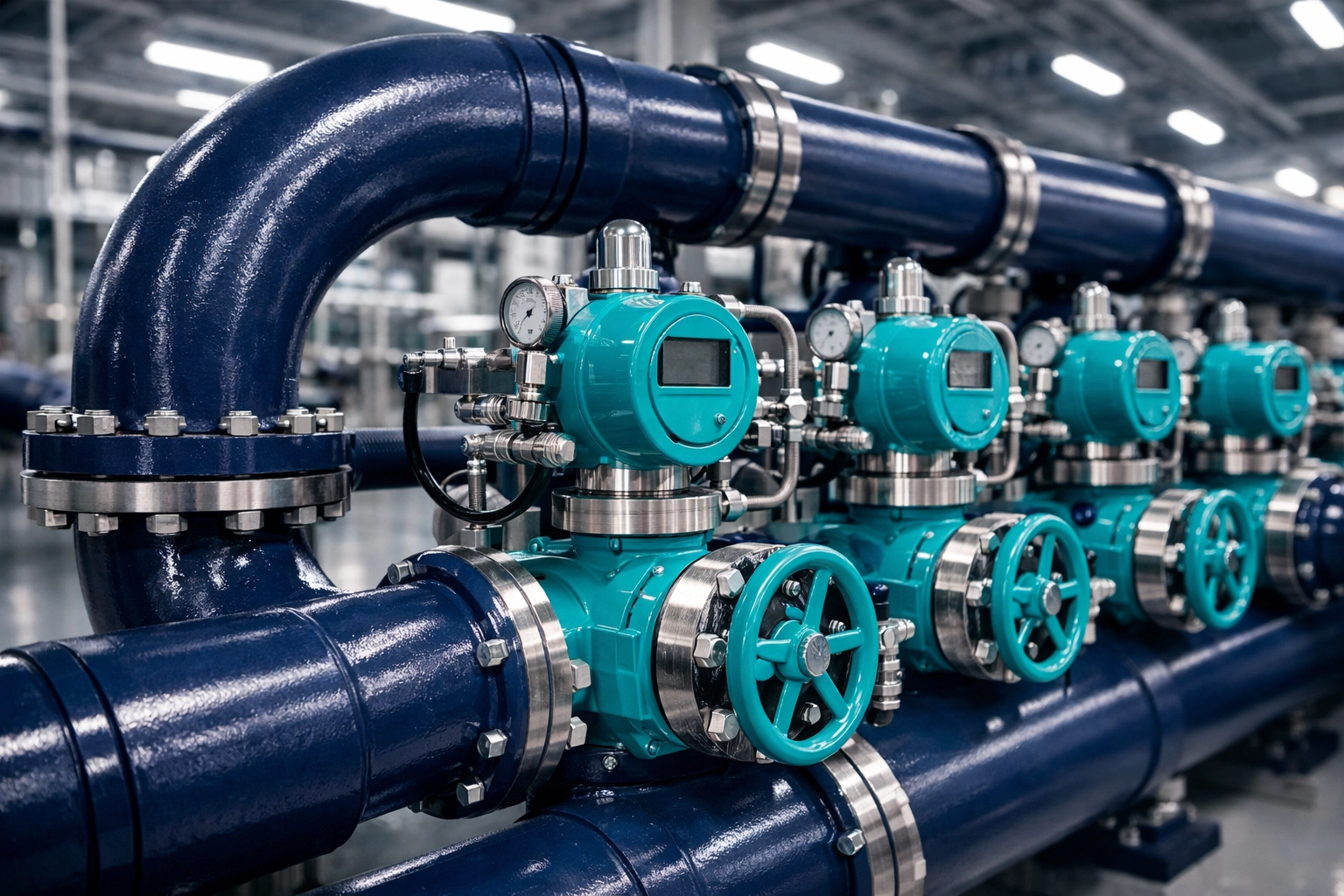 Industrial gas manifold system with rotary valves in a manufacturing plant facility.