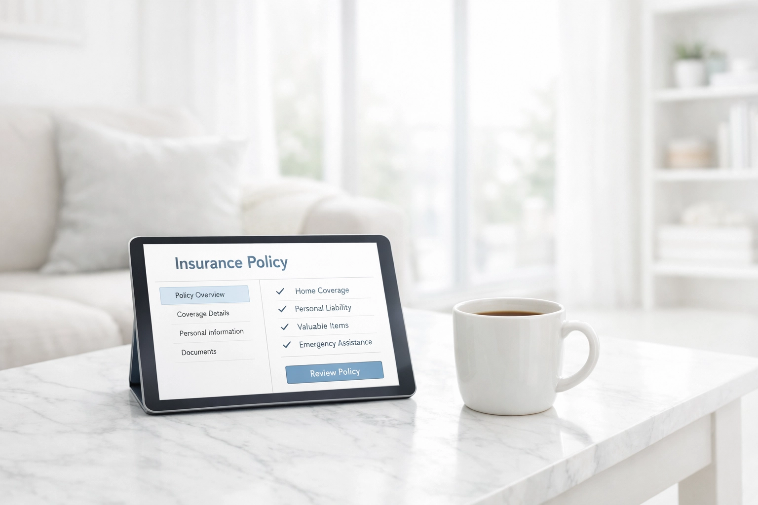 Reviewing a digital home insurance policy on a tablet during an annual coverage check-up.