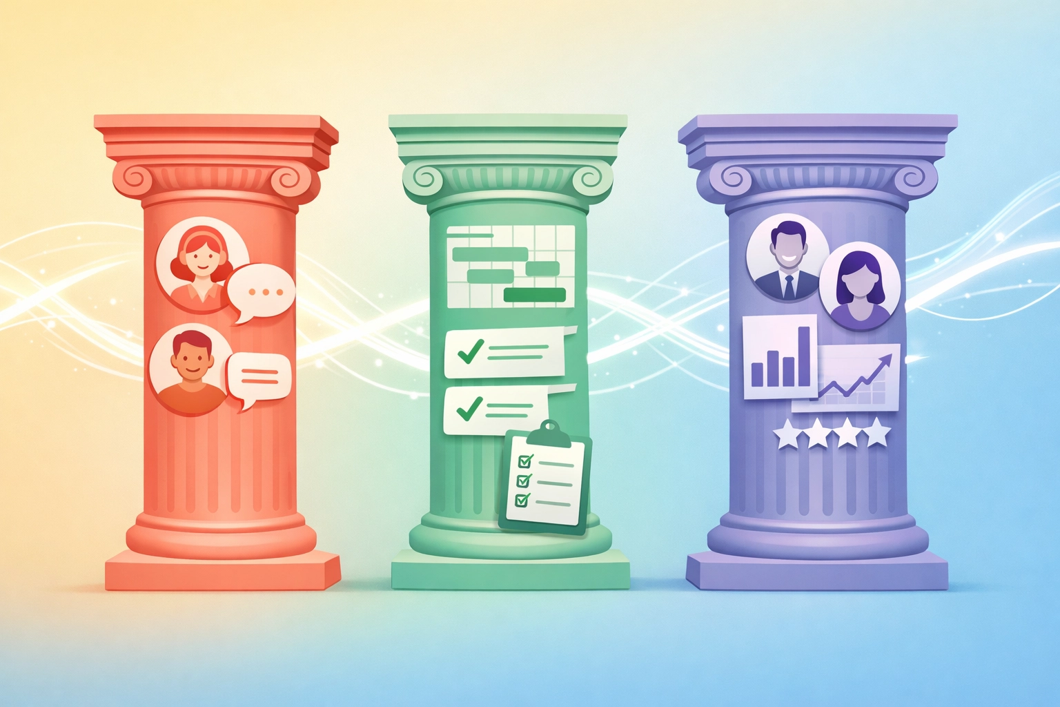 Three connected pillars showing CRM, project management, and HR unified in one business platform