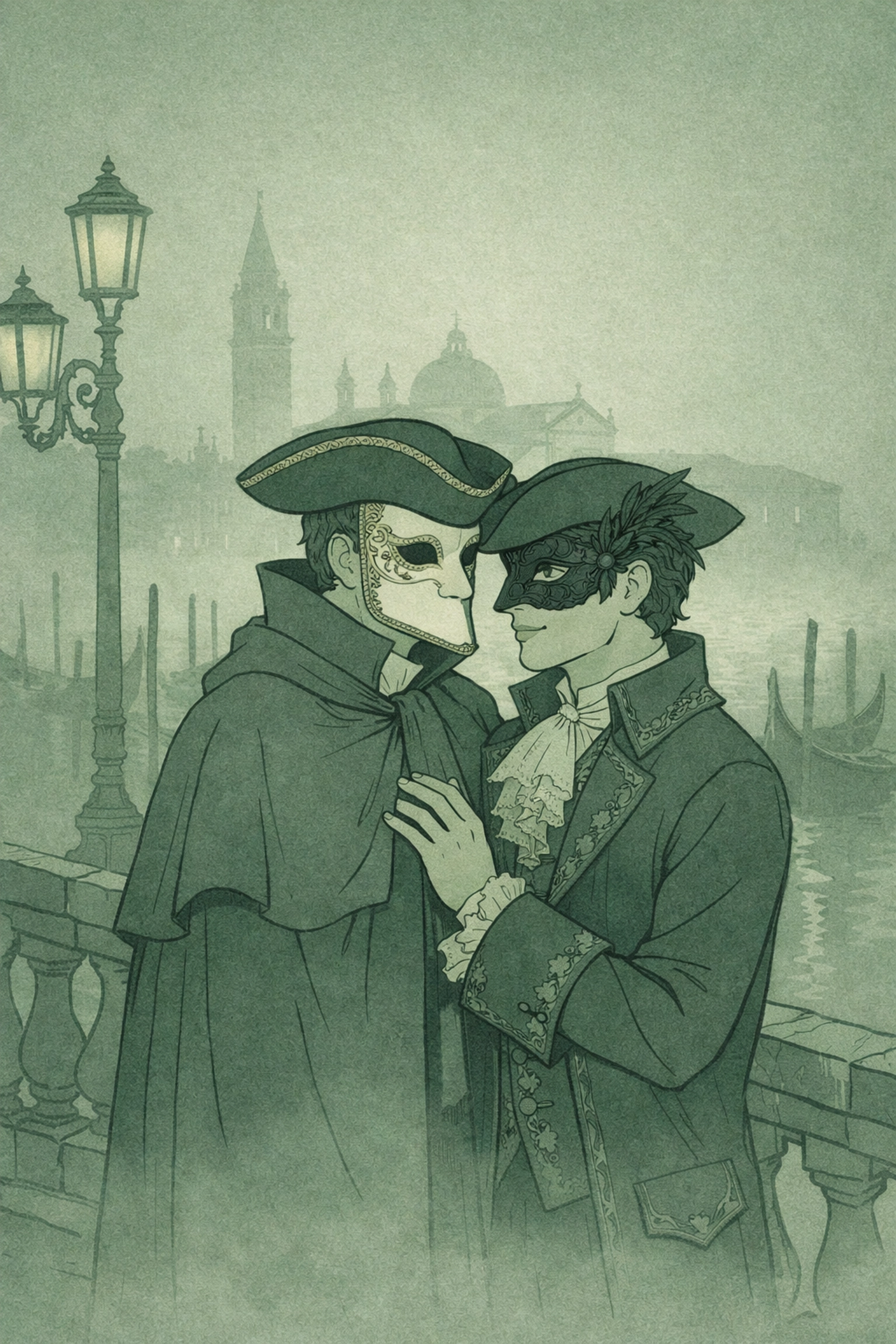 Two men in ornate carnival masks share intimate moment on misty Venice bridge - MM romance setting