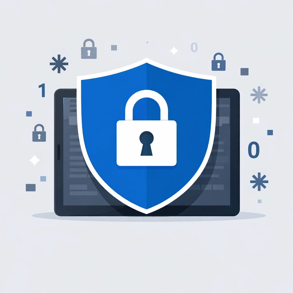 Secure digital tablet protected by a shield and padlock icon for safe virtual tax preparation.