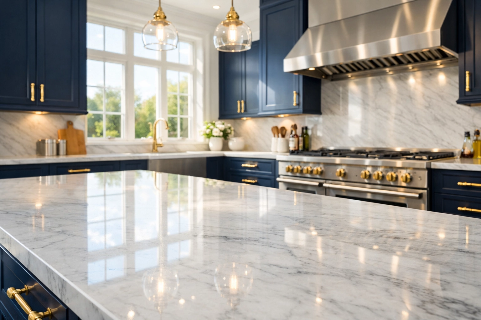 Pristine modern kitchen with white marble countertops after professional house cleaning in Westford, MA.