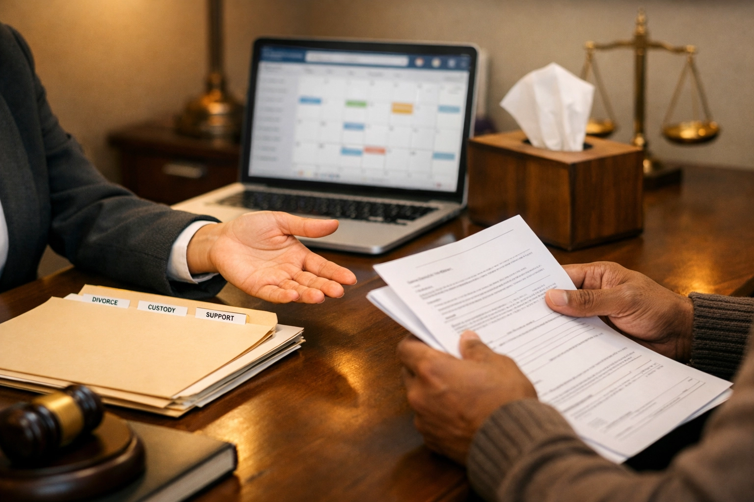 Family lawyer in Fredericksburg meeting with client to discuss retainer agreement