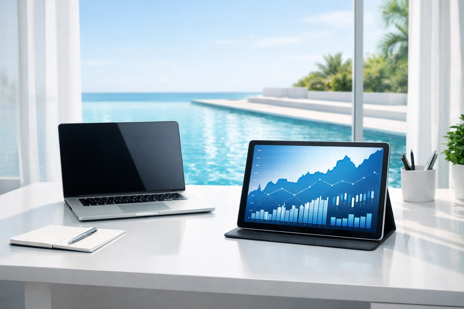 Data analysis on a tablet in an office overlooking a pool for pool route valuation.