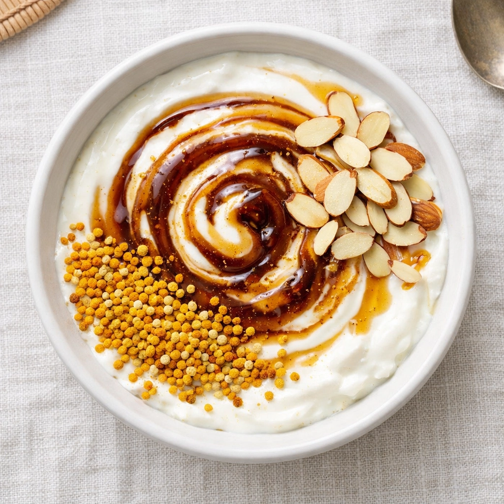 A healthy breakfast bowl with yogurt and bee pollen, showcasing the benefits of bee pollen.
