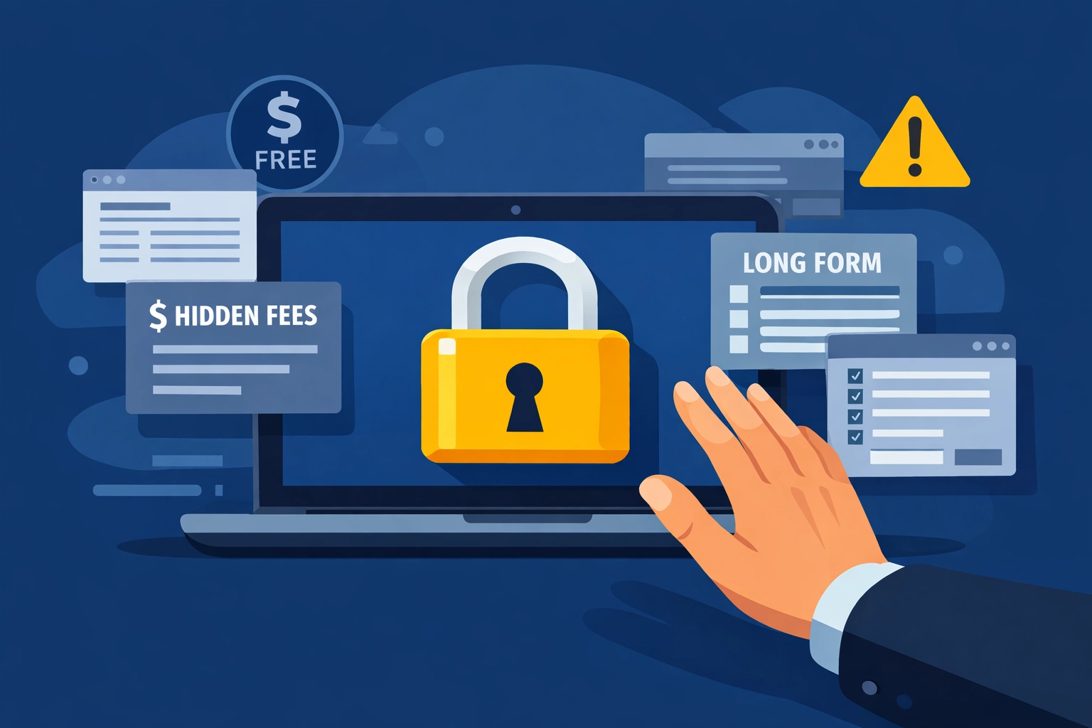 DIY tax software illustration showing hidden fees and security locks symbolizing missed deductions.