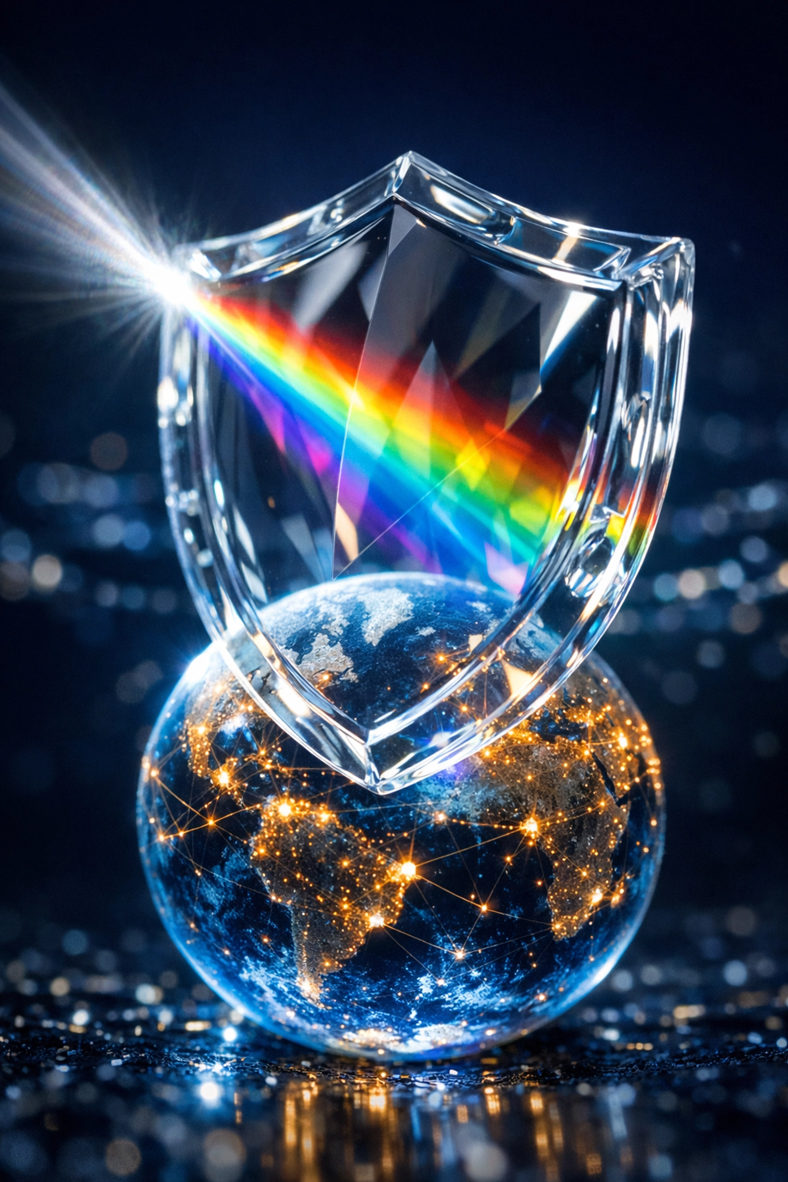 A protective digital shield over global data centers representing cloud security and reliability.