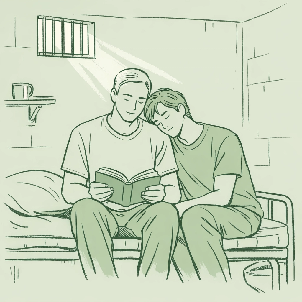 MM couple sharing intimate moment on prison bunk bed - LGBTQ+ romance emotional connection