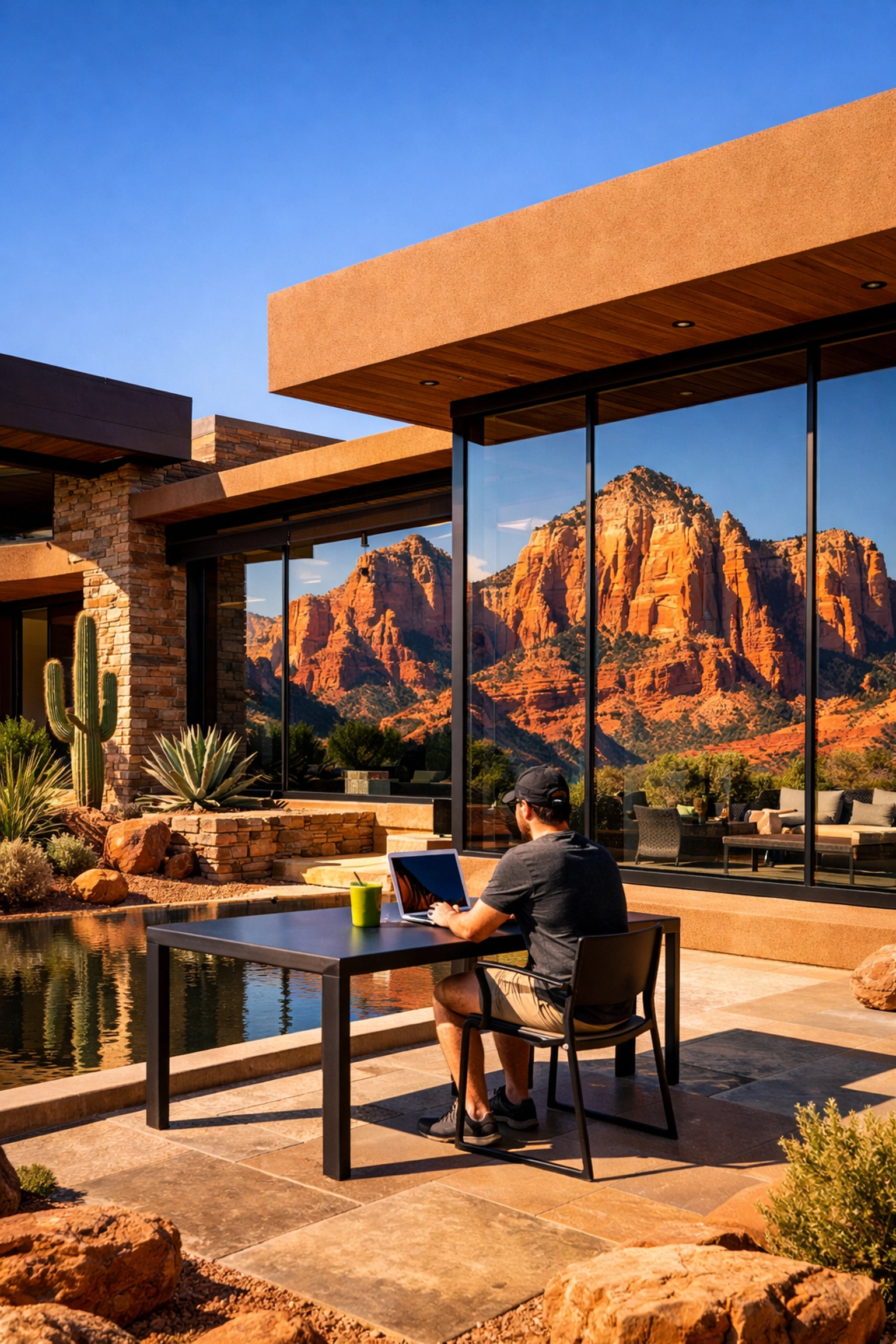 Accessing remote weight loss care via laptop from a modern home in the Arizona desert.