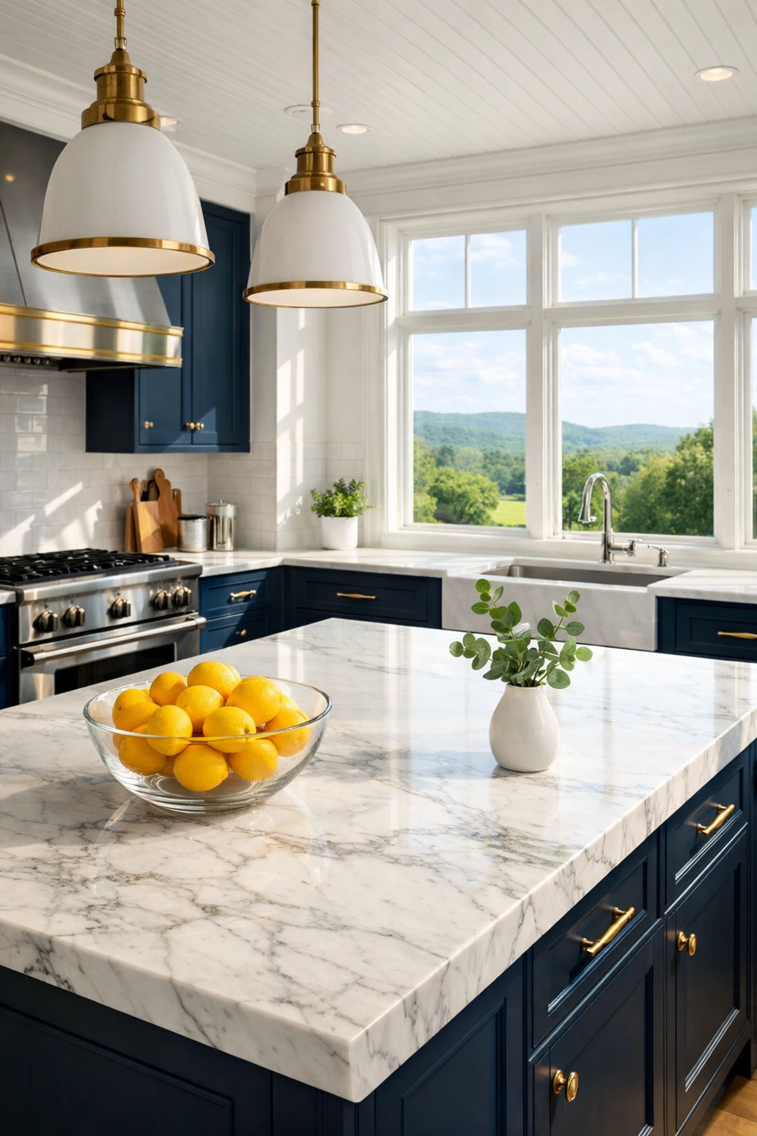 Eco-friendly luxury cleaning in Groton for high-end kitchens with marble countertops and estate views.