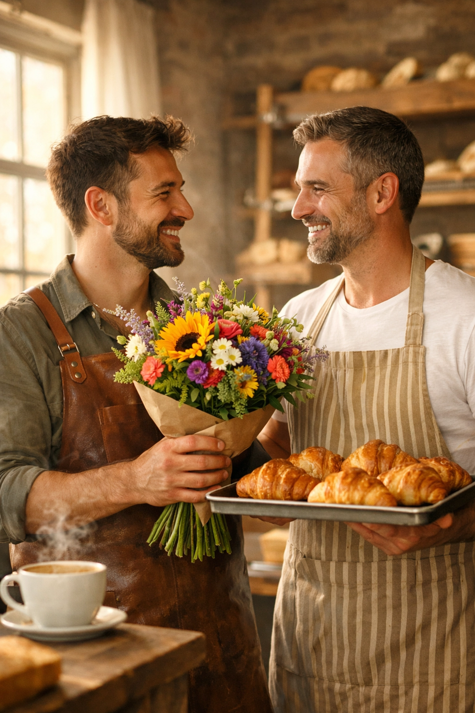 A florist and a baker sharing a romantic moment in a sunlit bakery, representing heartfelt gay fiction.