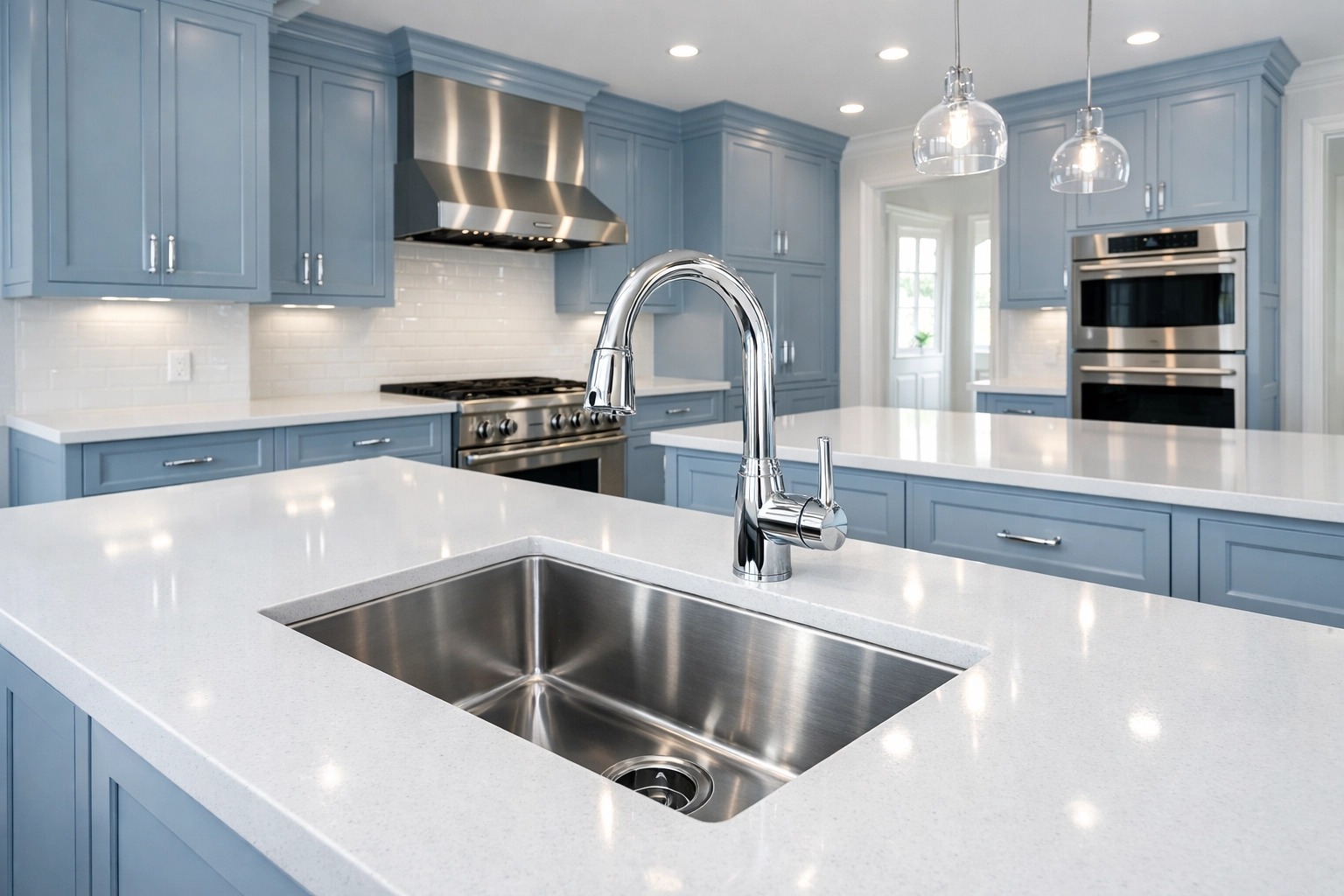 Spotless luxury kitchen with quartz countertops, demonstrating the results of regular home tidying.