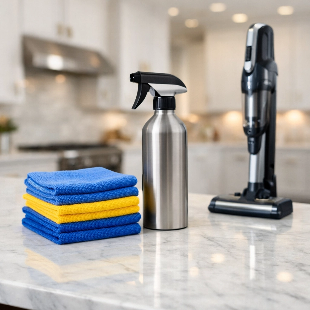 Professional cleaning equipment on a marble island for consistent weekly house cleaning in Southborough.