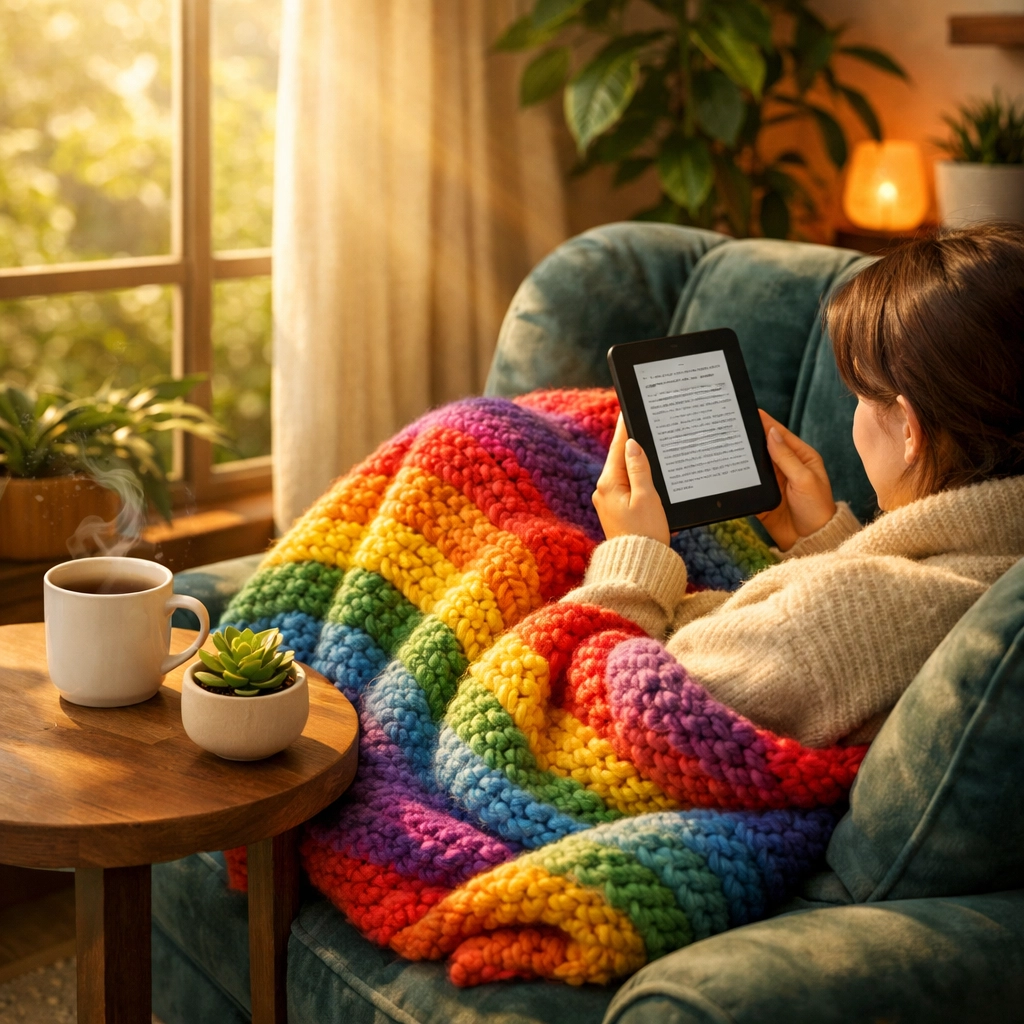 A person reads an LGBTQ+ ebook under a rainbow blanket, finding comfort in queer fiction.
